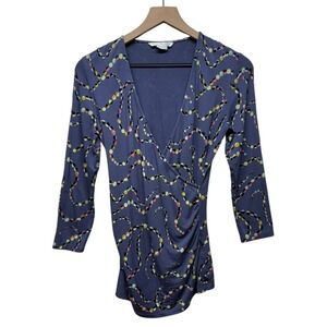 Boden Women Surplice Faux Wrap Top Sz 8 Blue‎ Artsy 3/4 Sleeve V-Neck Stretch